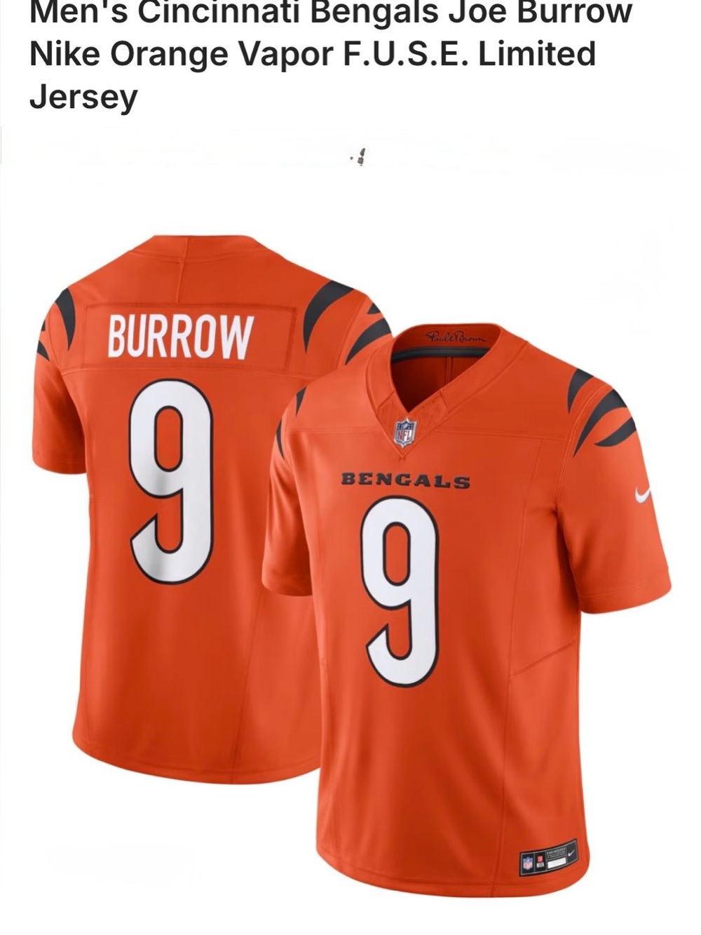 Nike Men’s Joe Burrow Bengals Vapor F.U.S.E. NFL Limited Jersey Size Large